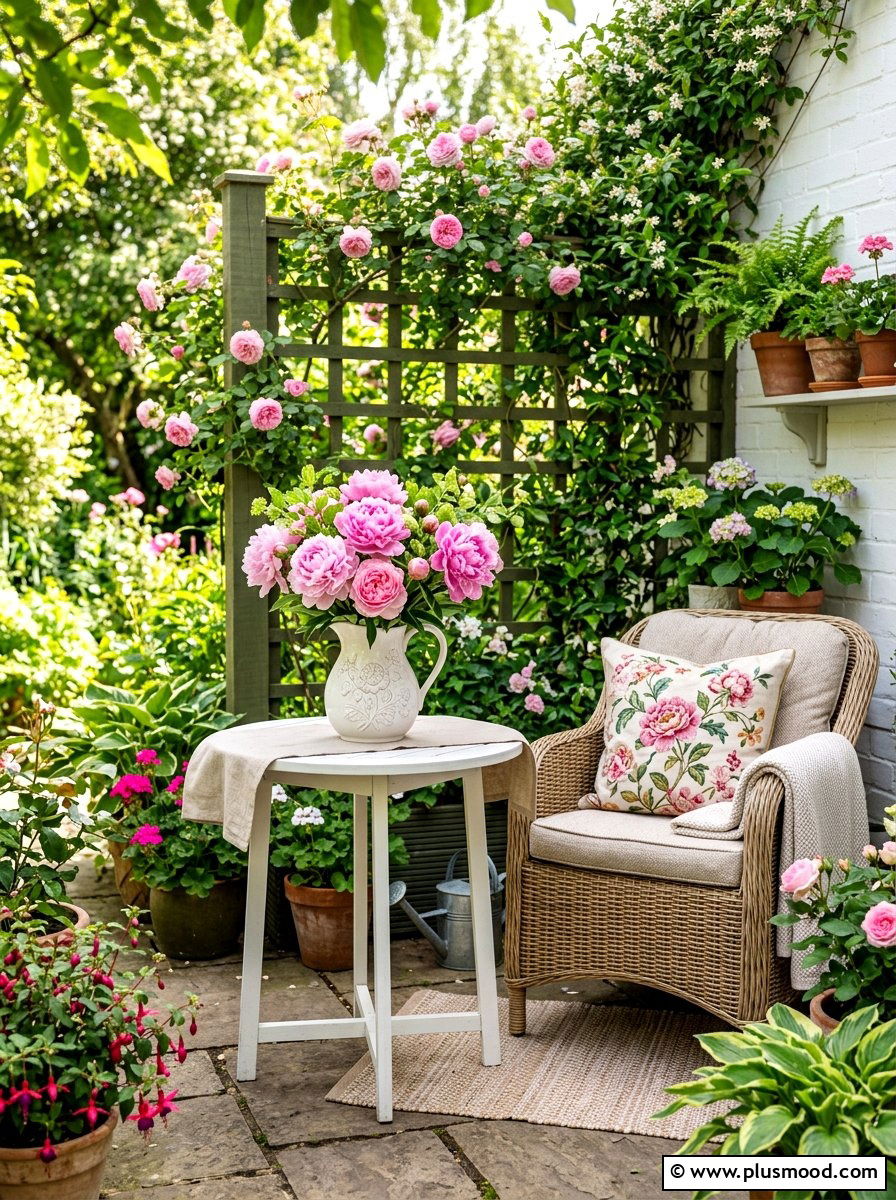 Peonies in ceramic pitcher - 25 summer patio centerpiece ideas