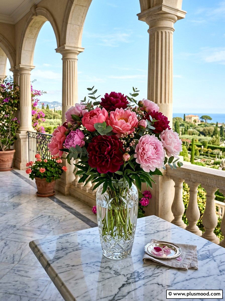 Peonies in glass vase - 25 summer outdoor centerpiece ideas