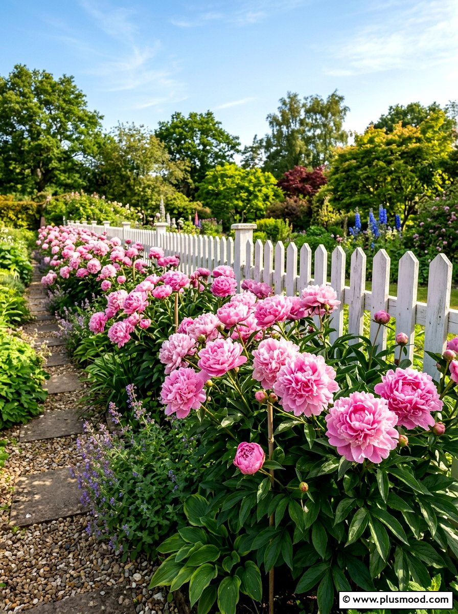 Peony Flower Row - 25 summer fence line landscaping ideas