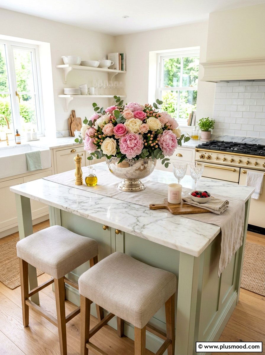 Peony Pastel Kitchen Island - 25 summer kitchen island decor ideas