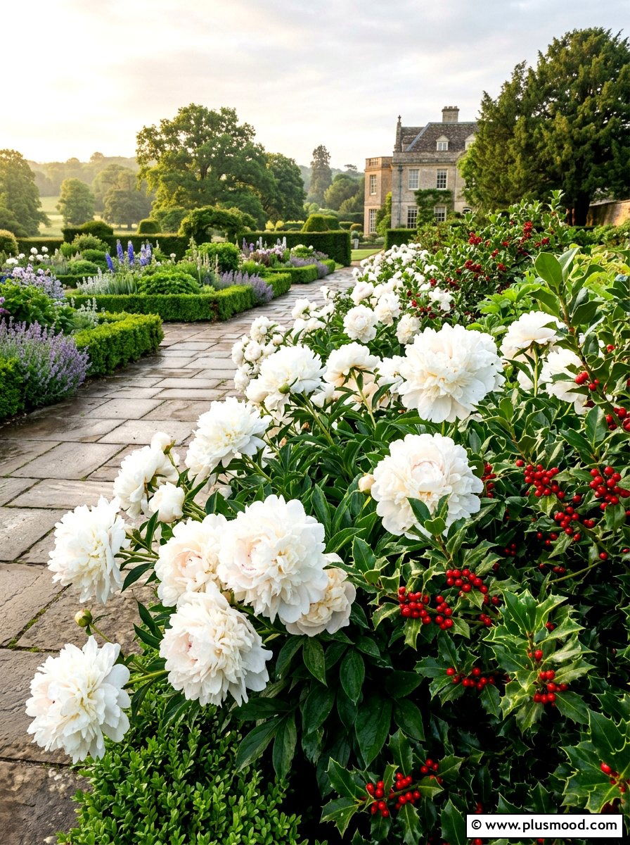 Peony and holly combination - 25 summer evergreen and flower mix ideas