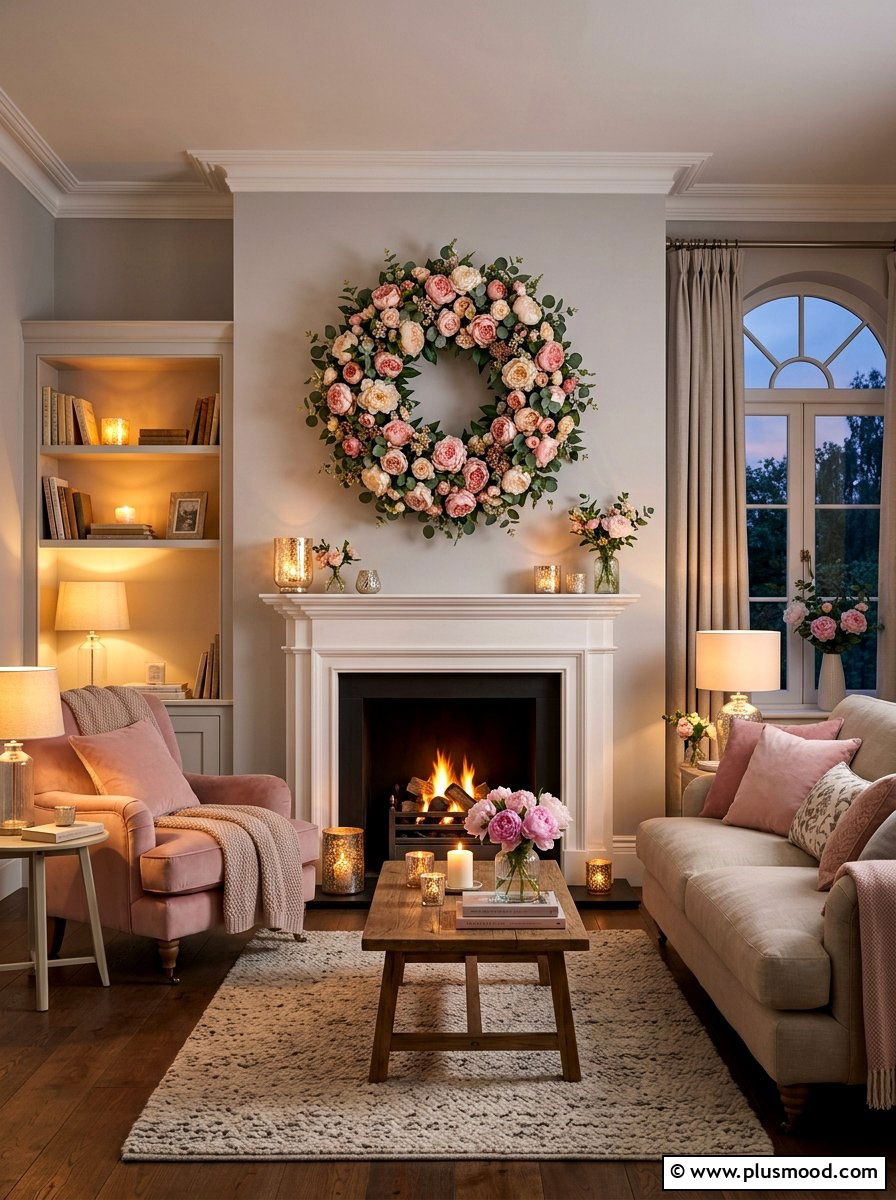Peony wreath display - 25 summer floral decor ideas for living room