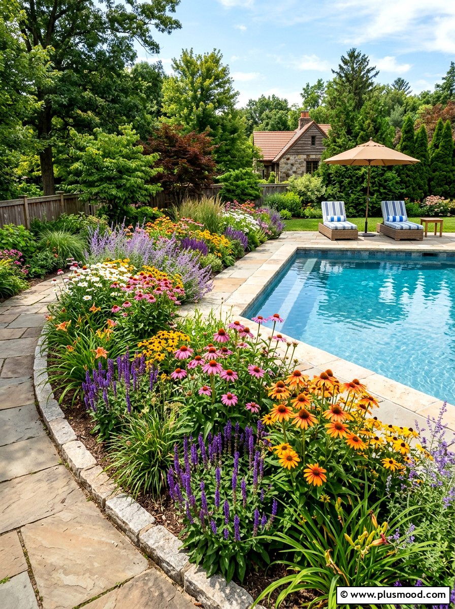 Perennial flower pool bed - 25 pool landscaping ideas for cottagecore theme