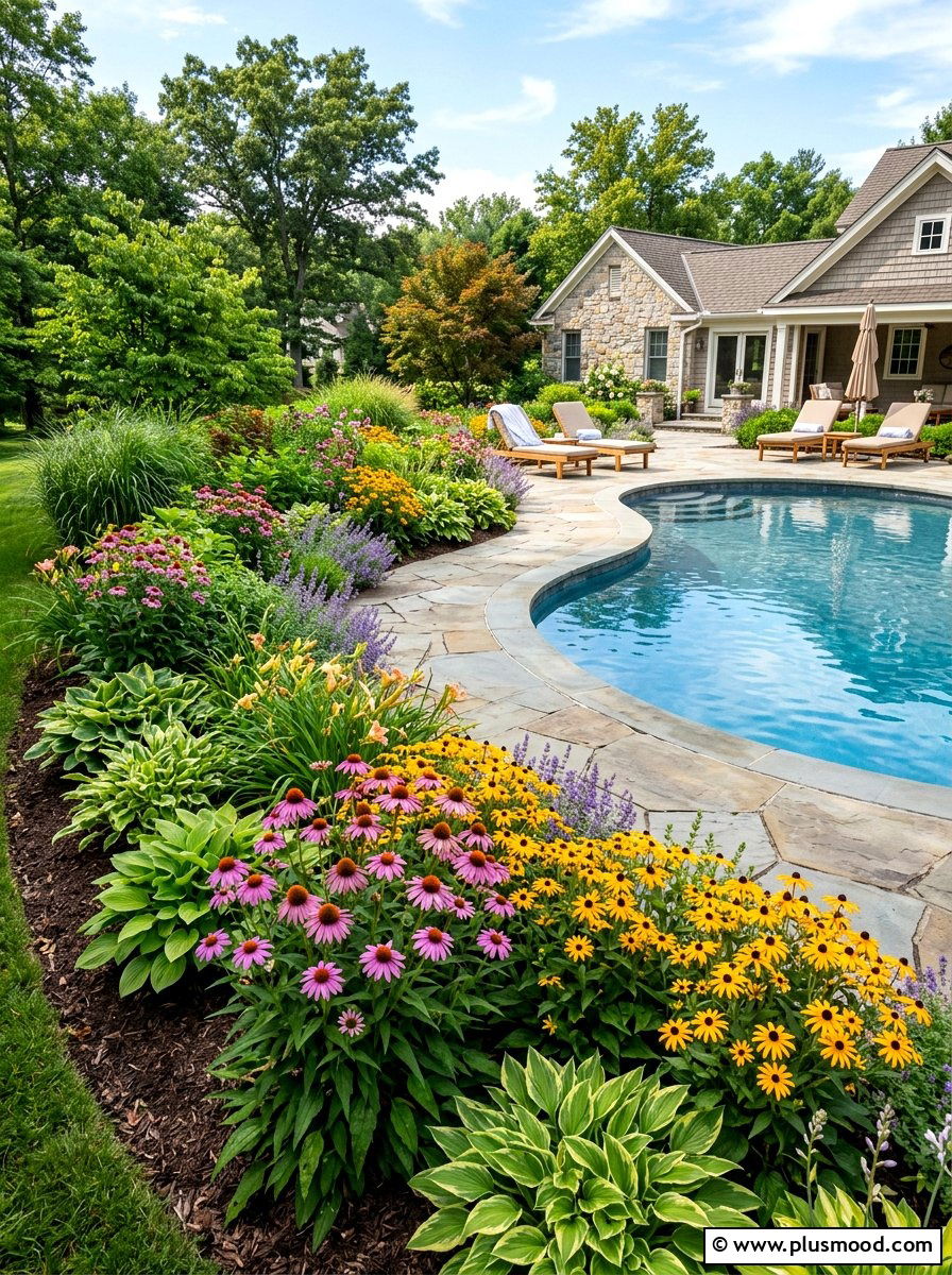 Perennial garden around pool - 25 pool landscaping ideas for inground pools