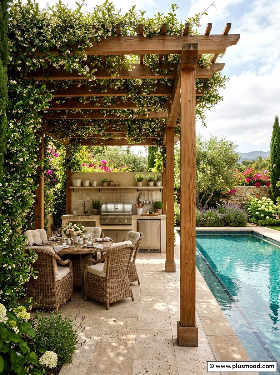 Pergola Covered Kitchen - 25 pool landscaping ideas with outdoor kitchen