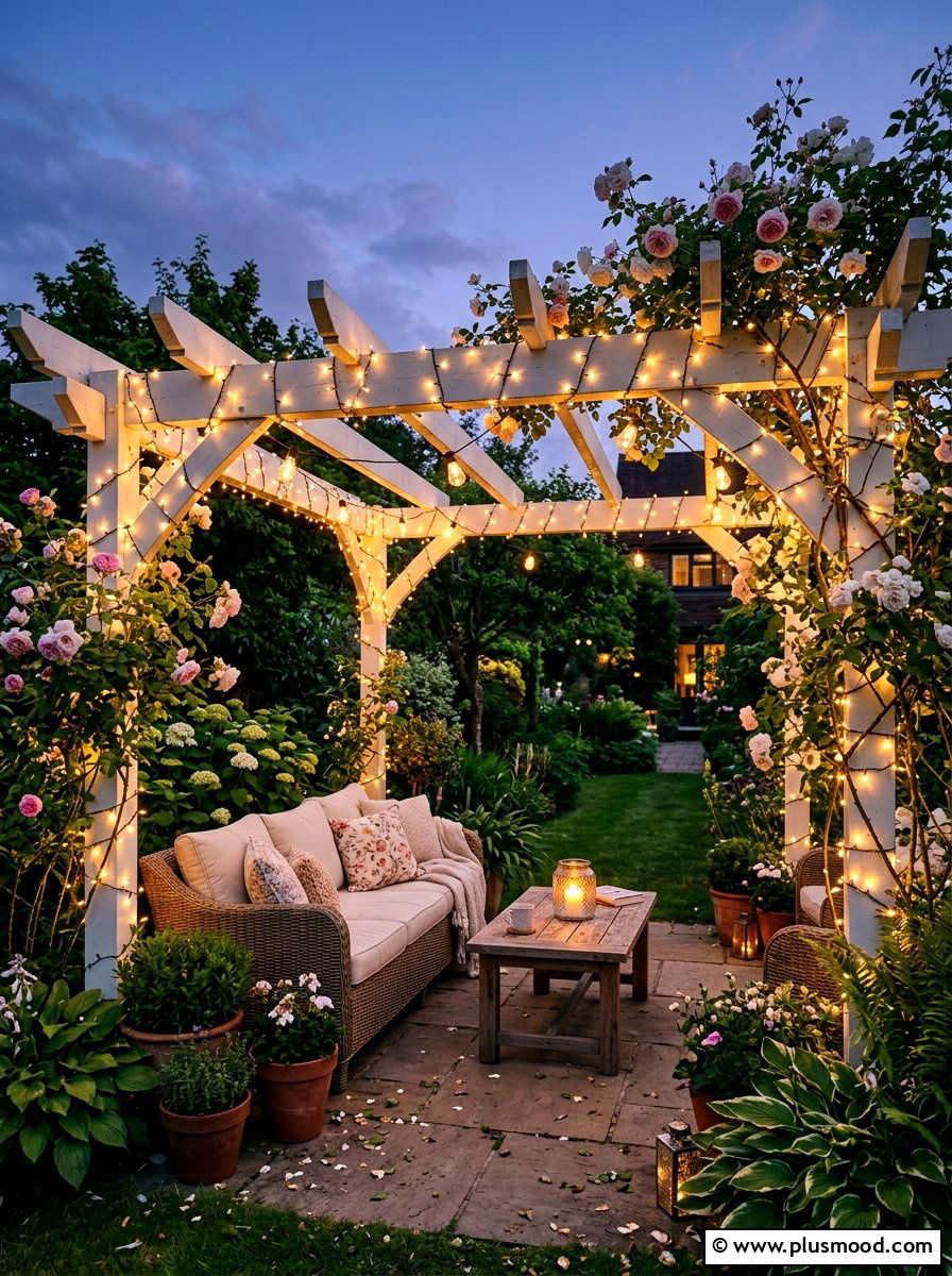 Pergola Fairy Lights - 25 small backyard ideas with outdoor lighting