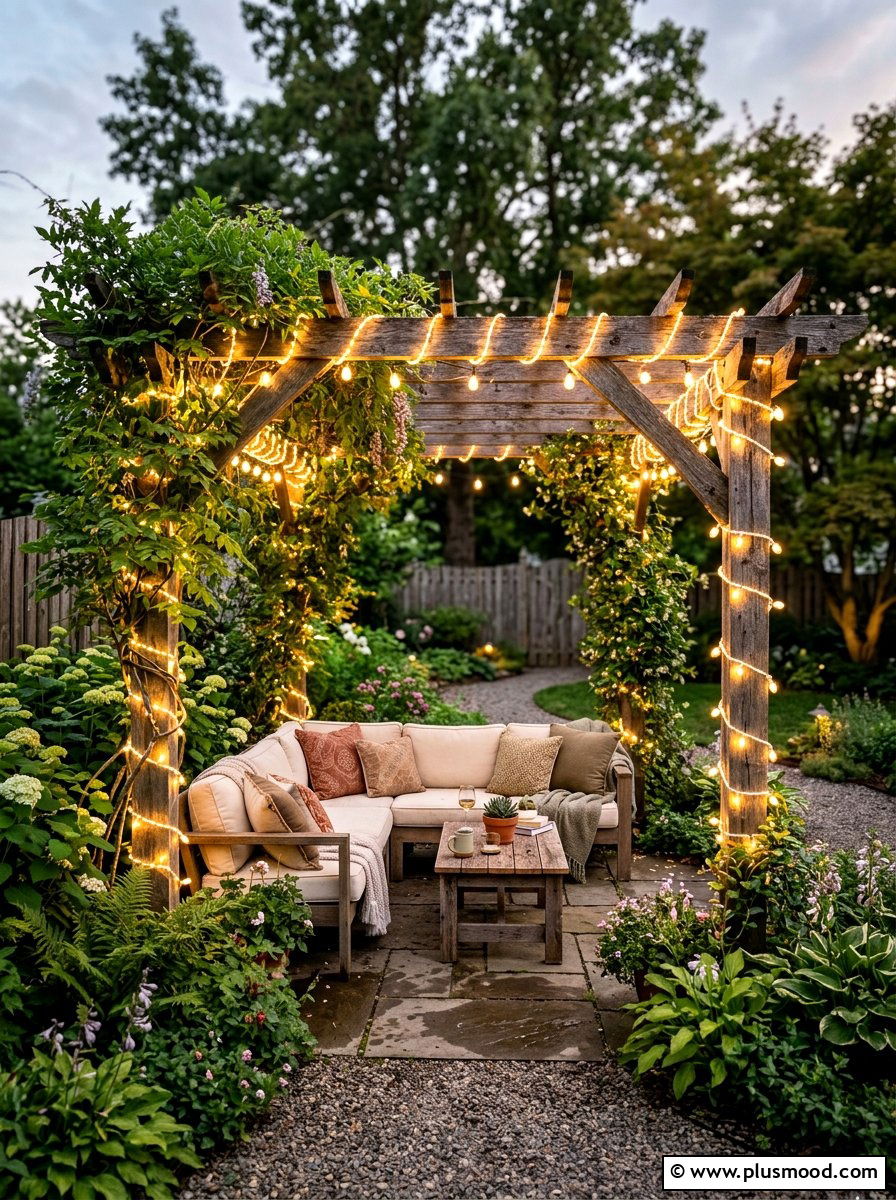 Pergola String Lights - 25 small backyard ideas with string lights