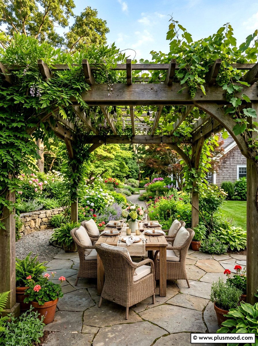 Pergola with climbing plants