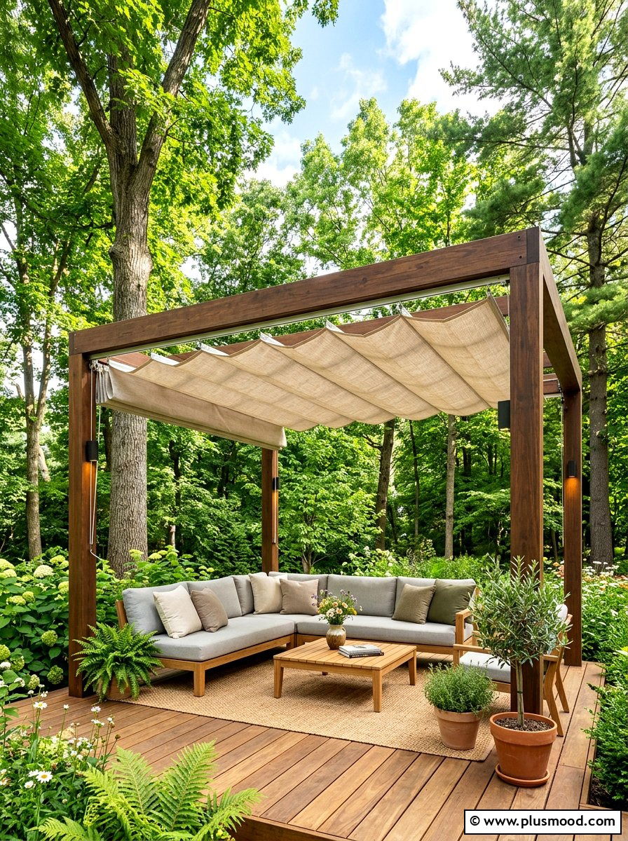 Pergola with fabric canopy - 25 summer patio shade ideas