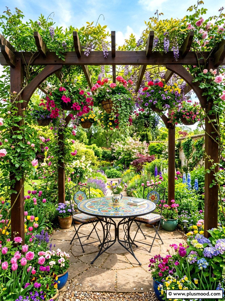 Pergola with hanging plants - 25 summer patio shade ideas