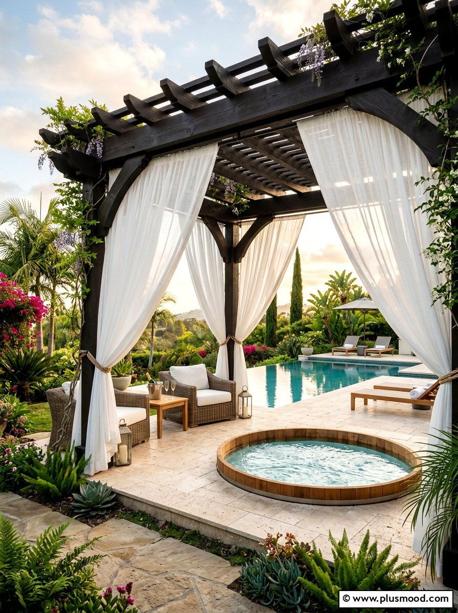 Pergola with outdoor curtains - 25 pool landscaping ideas for privacy screen