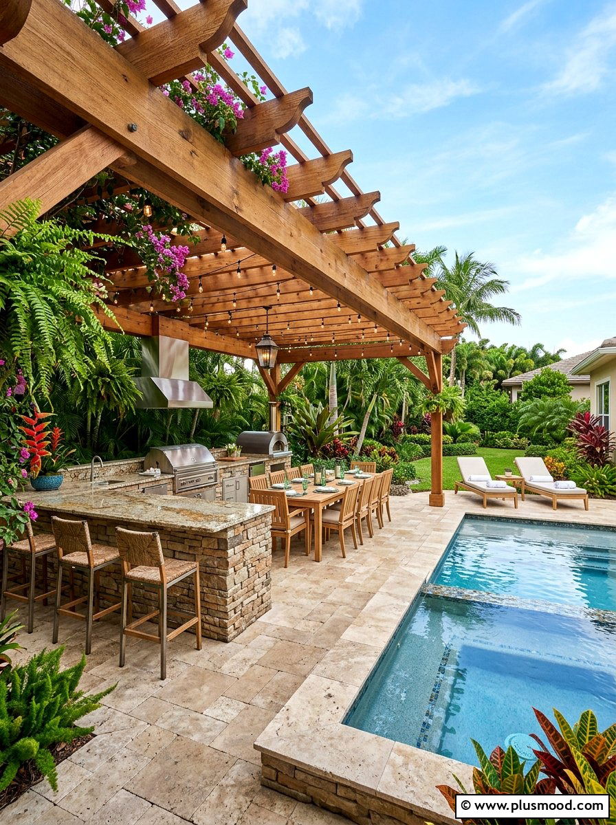 Pergola with outdoor kitchen - 25 pool landscaping ideas with pergola shade