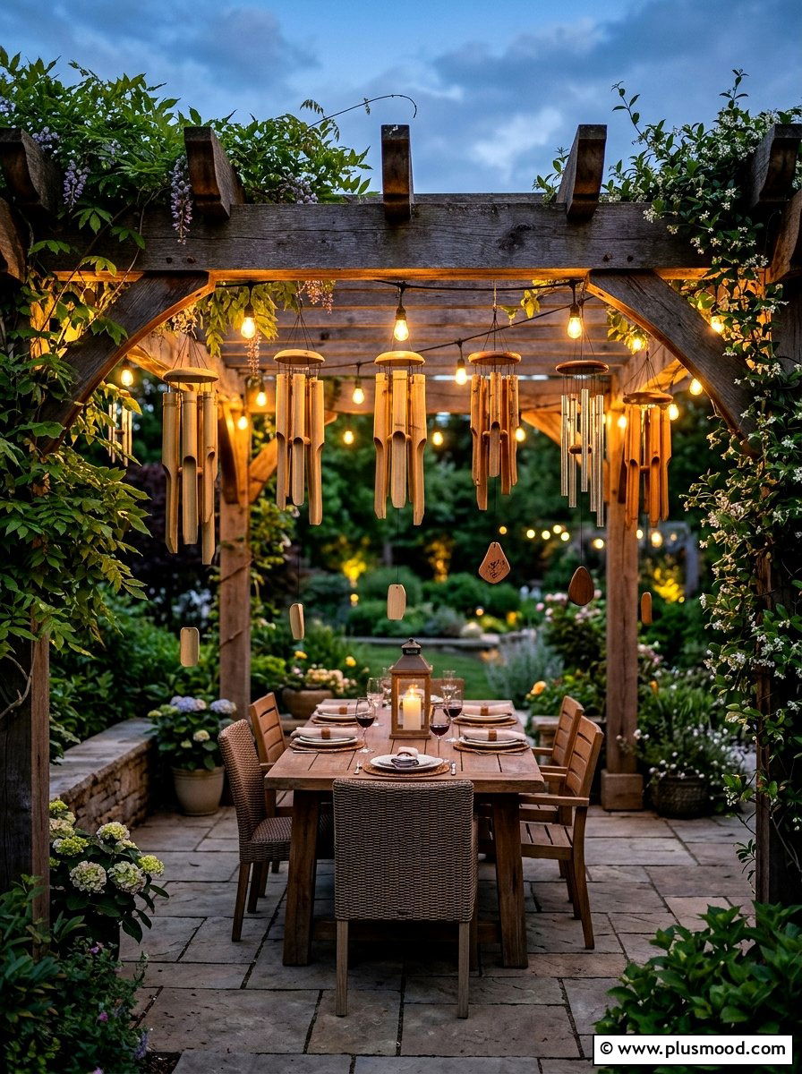 Pergola wooden chime setup - 25 outdoor garden decor ideas with wind chimes
