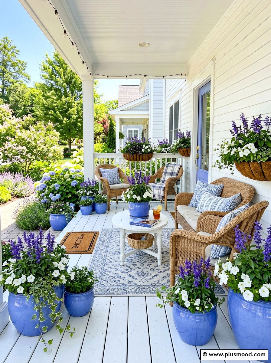 Periwinkle Blue Floral Porch - 25 summer blue planter styling ideas