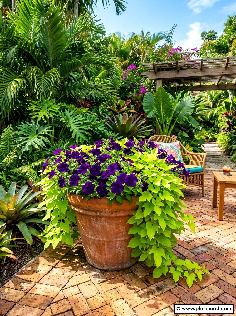 Petunia And Sweet Potato Vine Combo - 25 summer planters with petunias ideas
