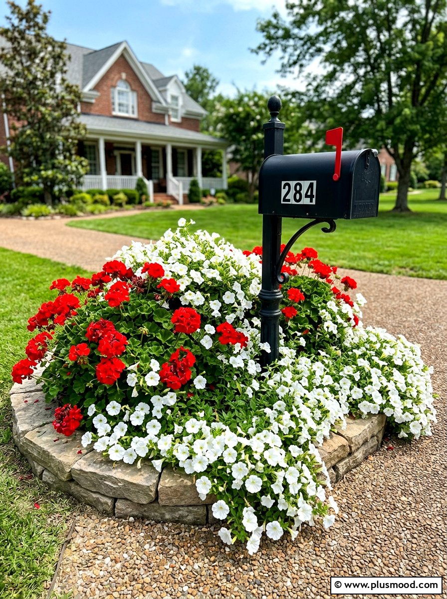 Petunia and geranium mailbox flowers - 25 summer mailbox landscaping ideas