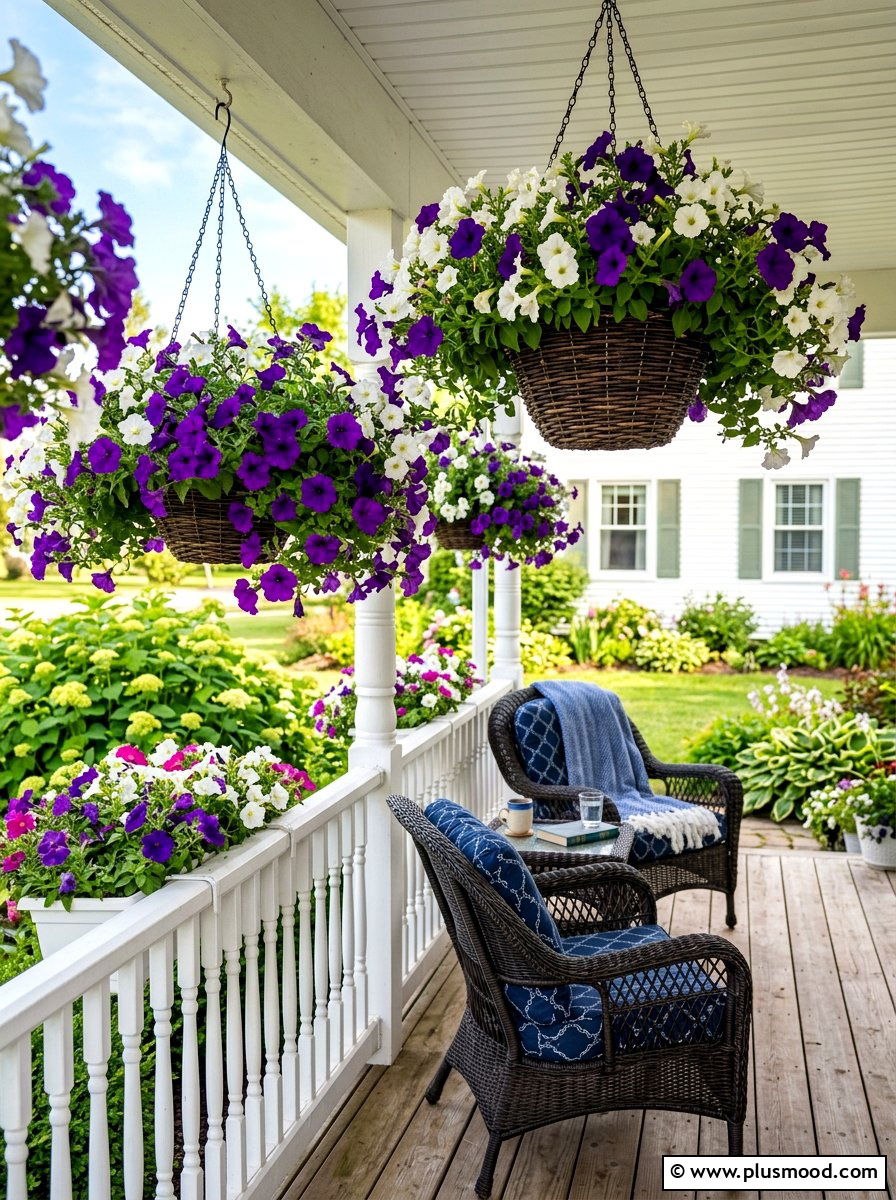 Petunia hanging baskets for summer porch - 25 summer front porch decor ideas with hanging baskets