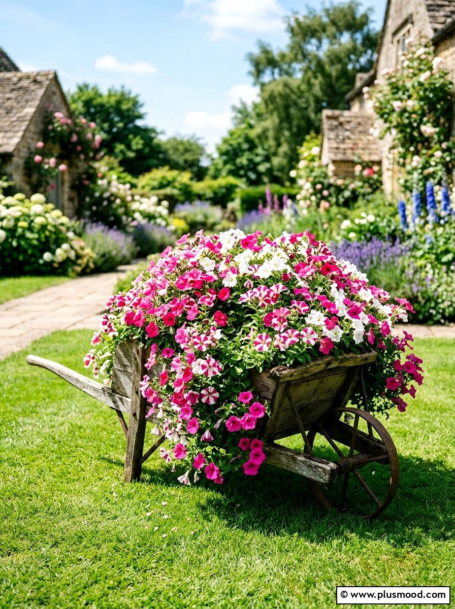 Petunia wheelbarrow garden setup - 25 outdoor garden decor ideas with wheelbarrow planter