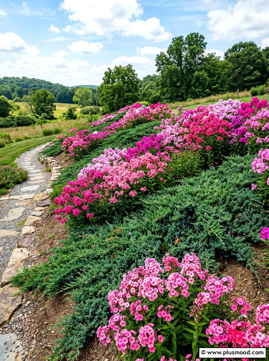 Phlox and juniper bank - 25 summer evergreen and flower mix ideas