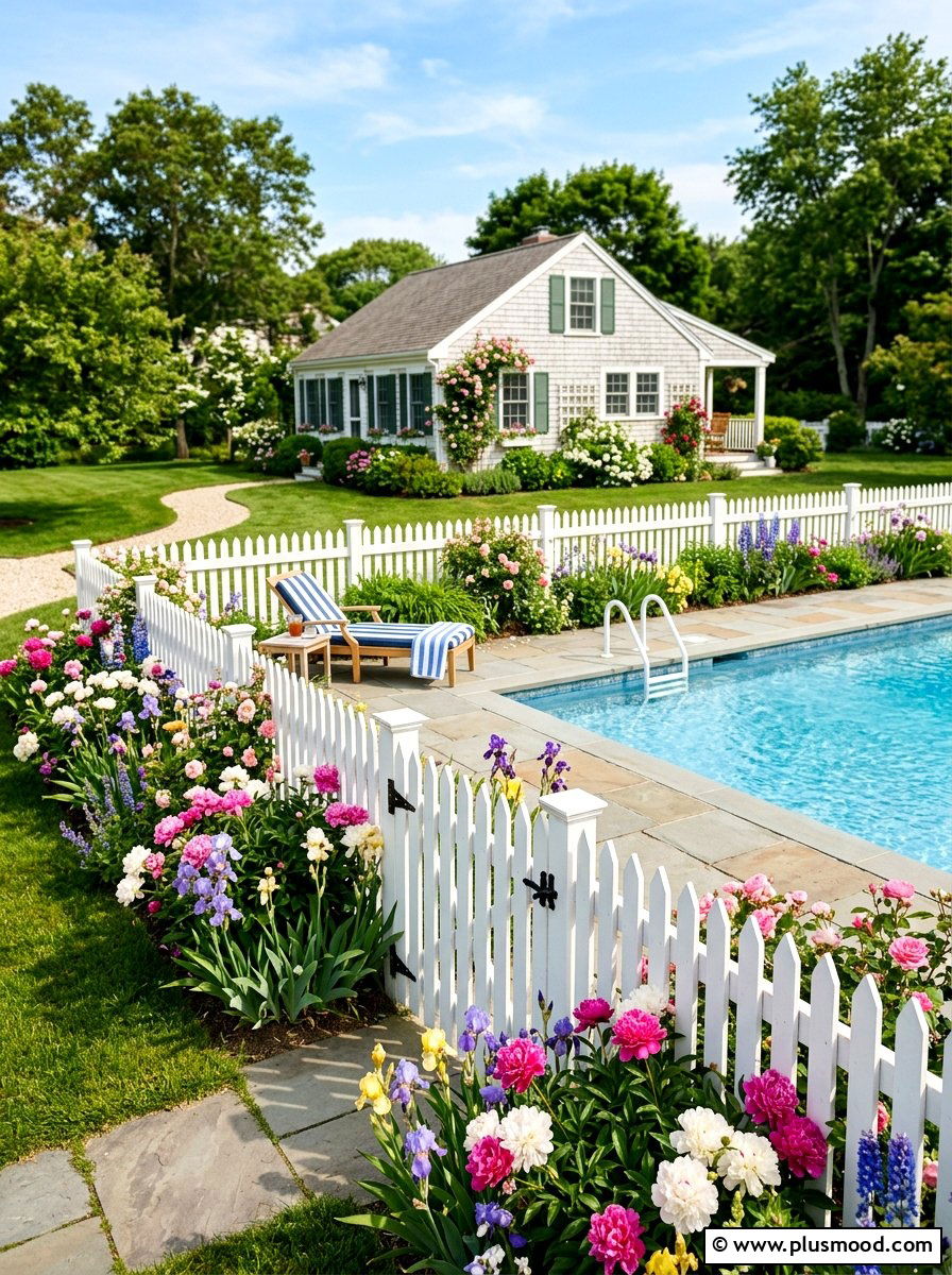 Picket fence pool enclosure - 25 pool landscaping ideas for cottagecore theme