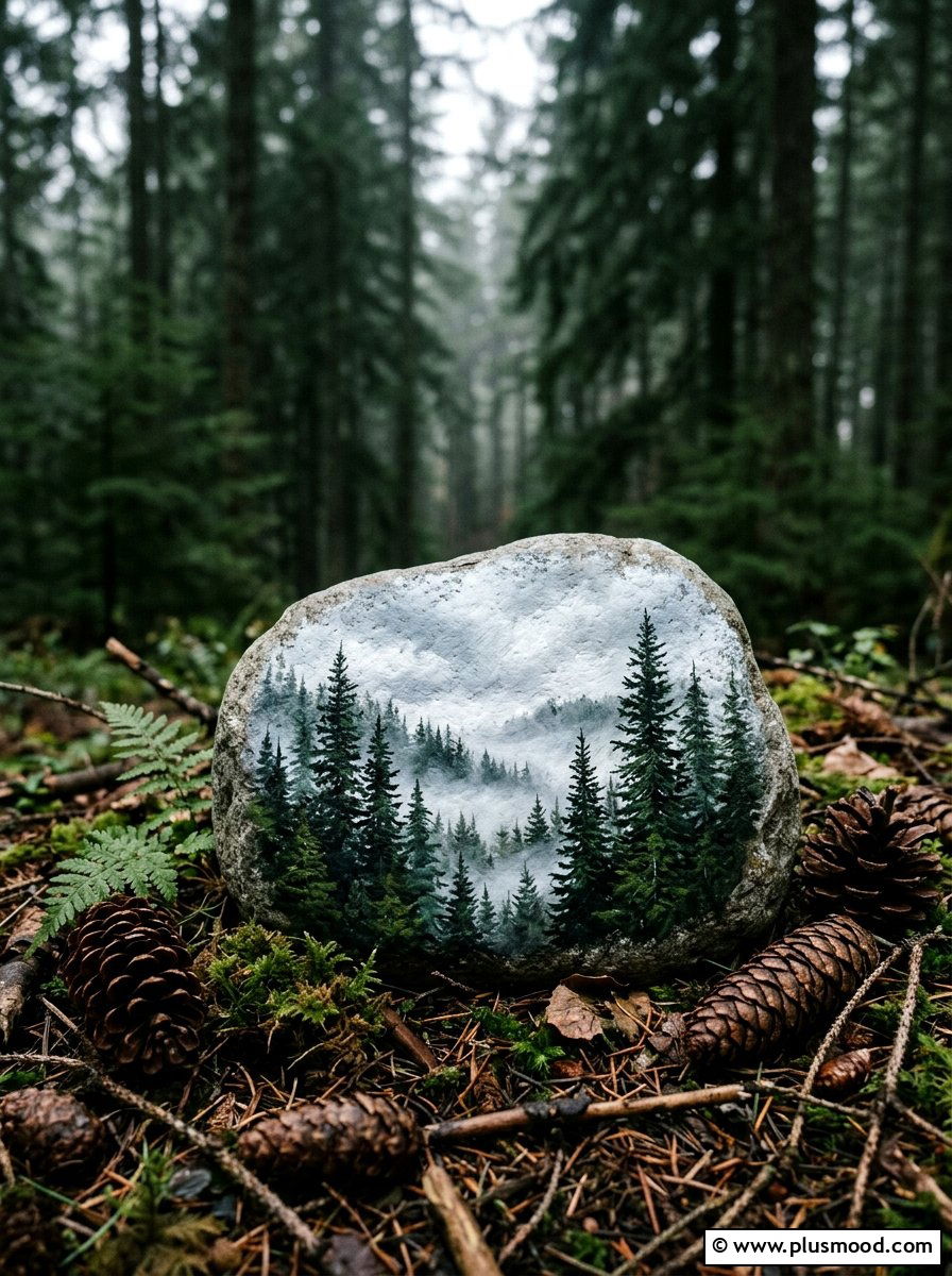 Pine Forest Landscape - 25 painted rock ideas with landscapes