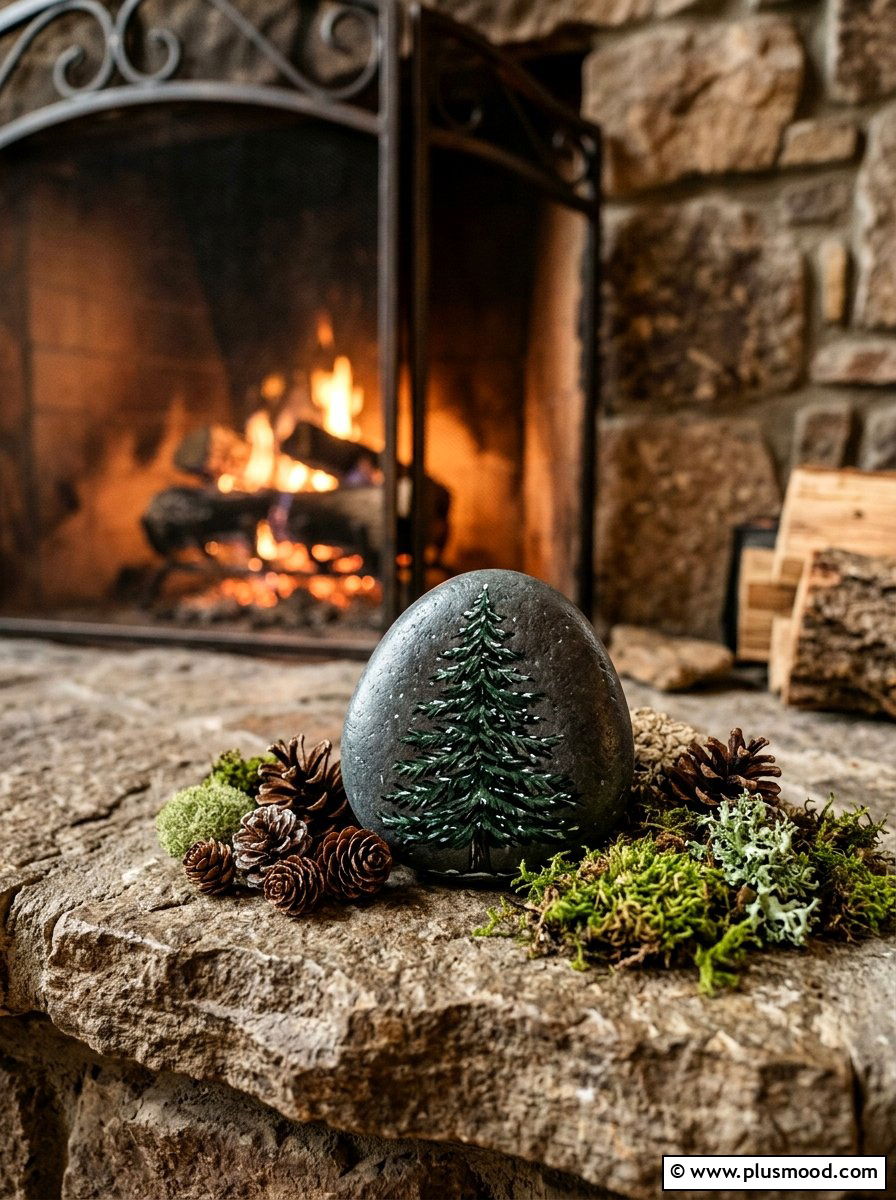 Pine Tree Painted Rock - 25 painted rock ideas with nature prints