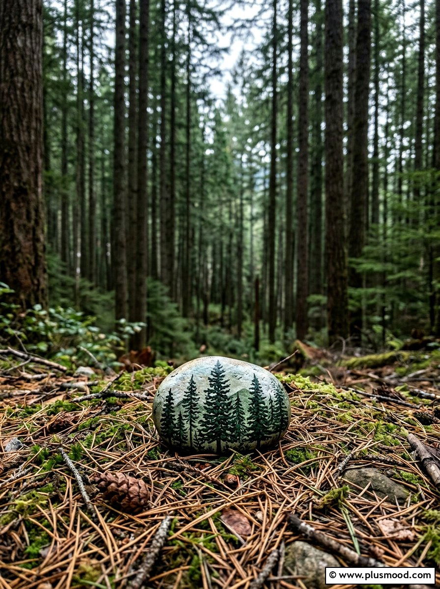 Pine Tree Painted Rock - 25 painted rock ideas for hiding in nature