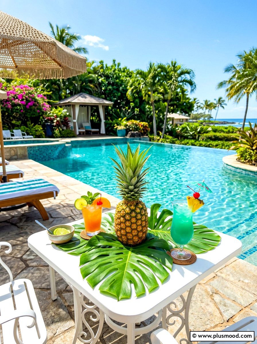 Pineapple and tropical leaf display - 25 summer patio centerpiece ideas