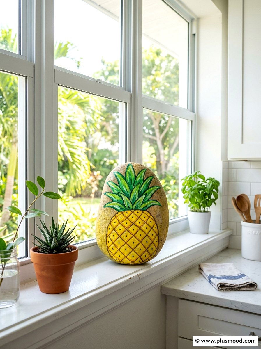 Pineapple painted rock - 25 painted rock ideas for beginners