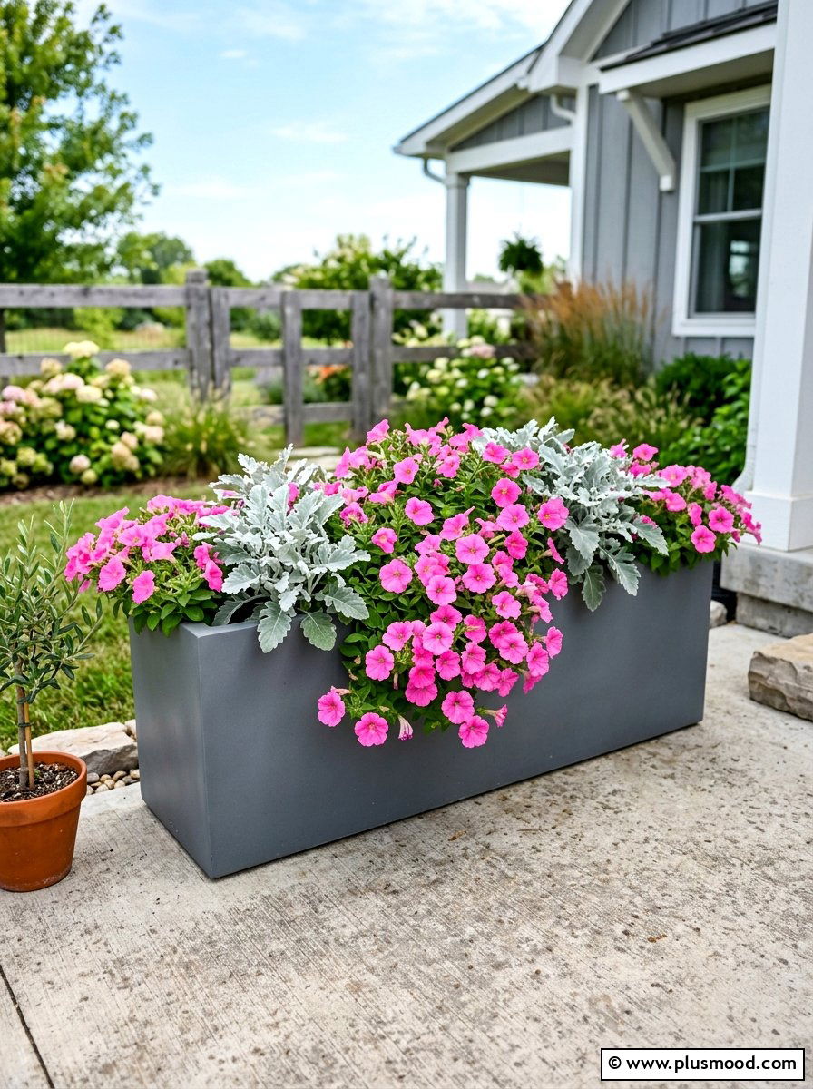Pink And Silver Petunia Box - 25 summer planters with petunias ideas