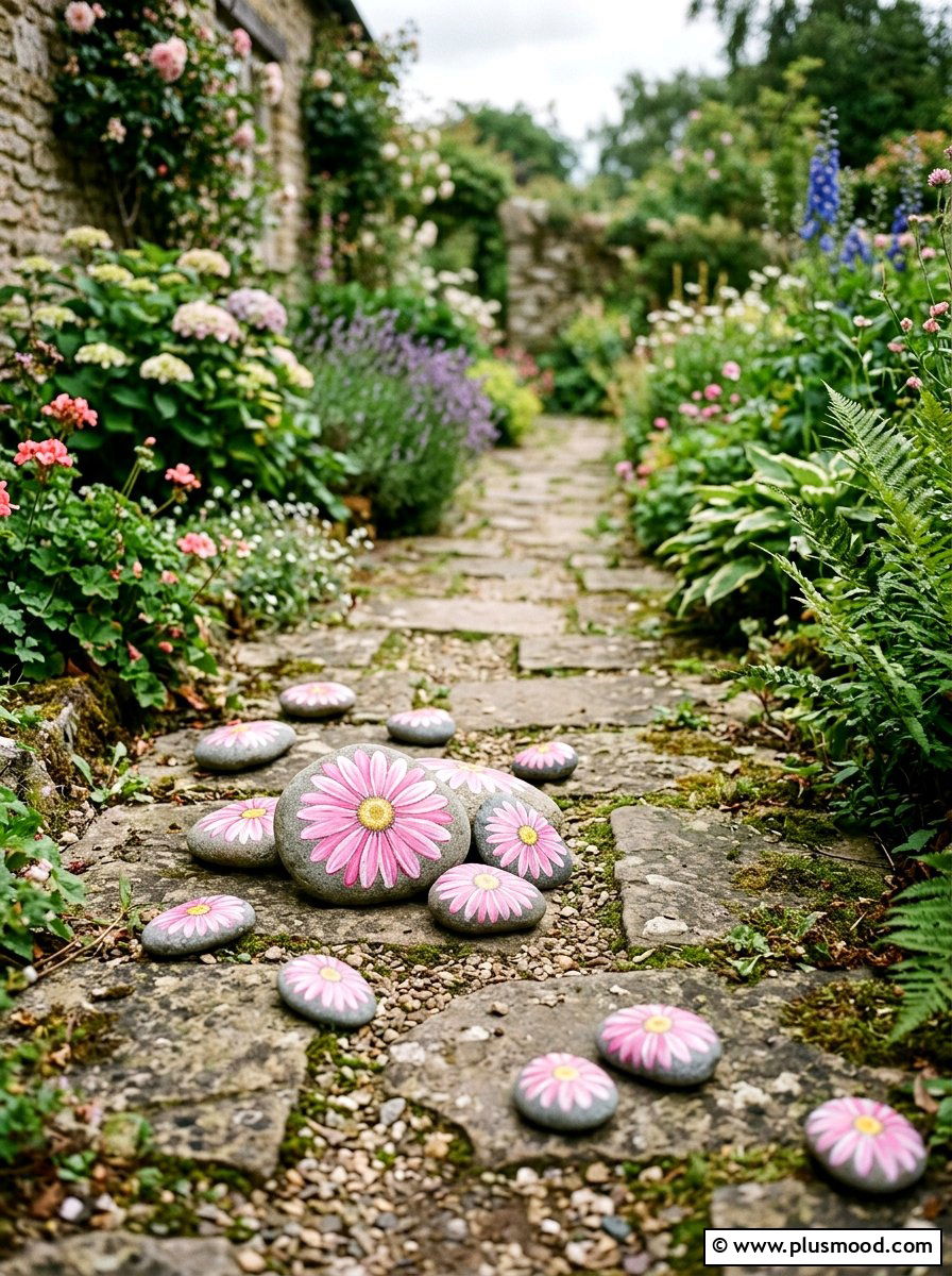 Pink Daisy Rock - 25 painted rock ideas with flowers