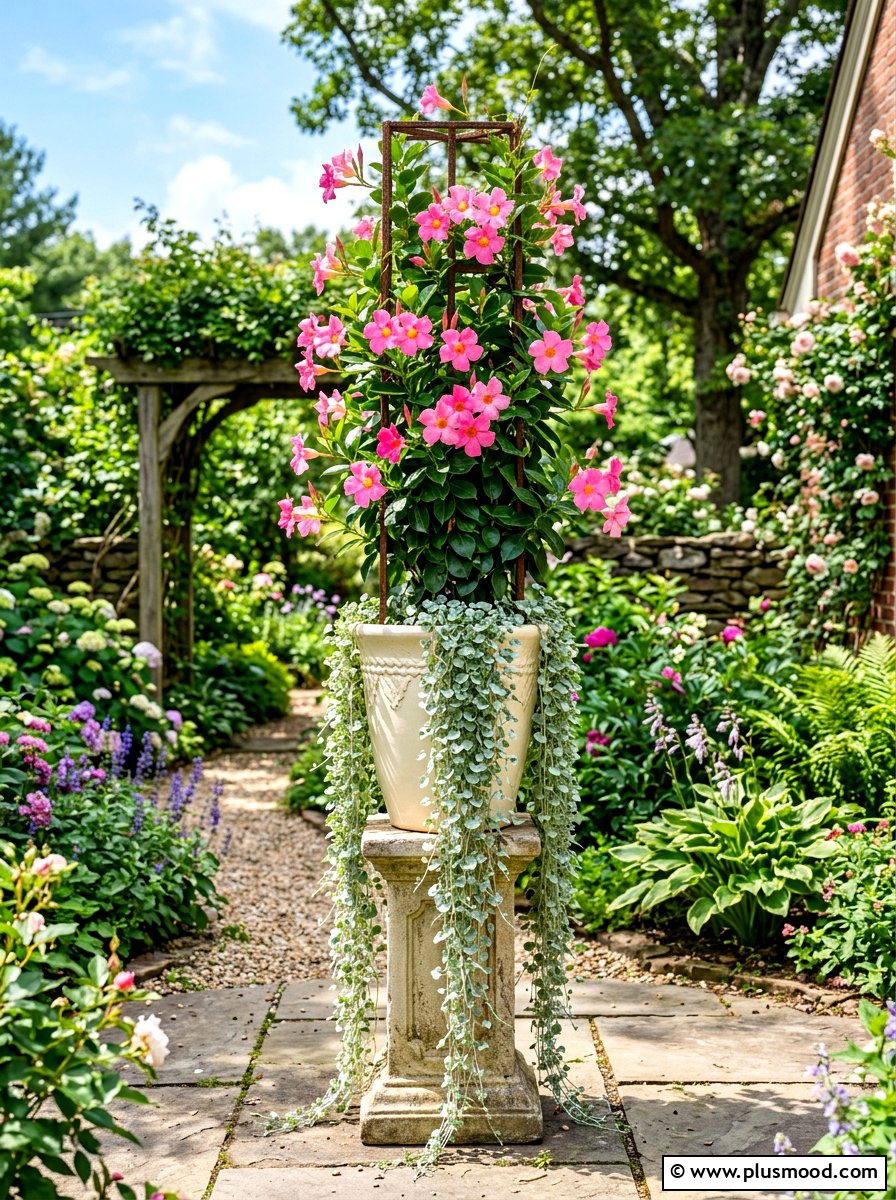 Pink Dipladenia And Dichondra - 25 summer mixed container ideas