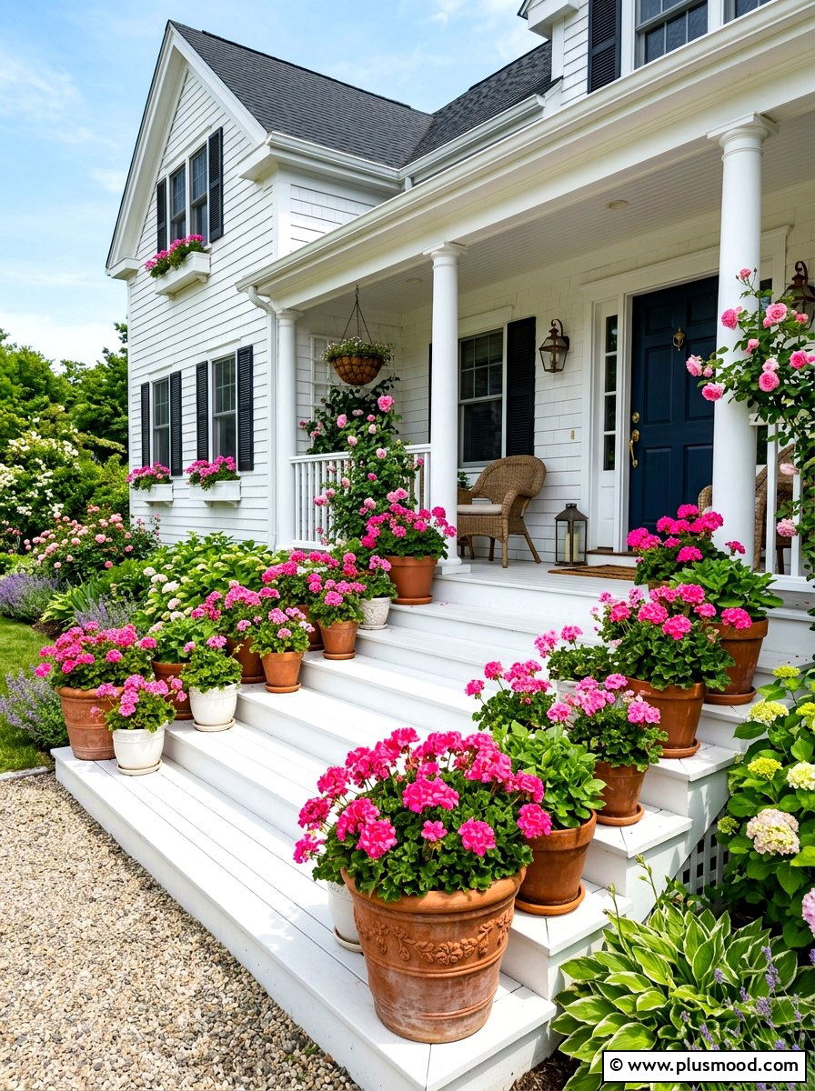 Pink Geranium Pot - 25 summer front porch decor ideas for white house