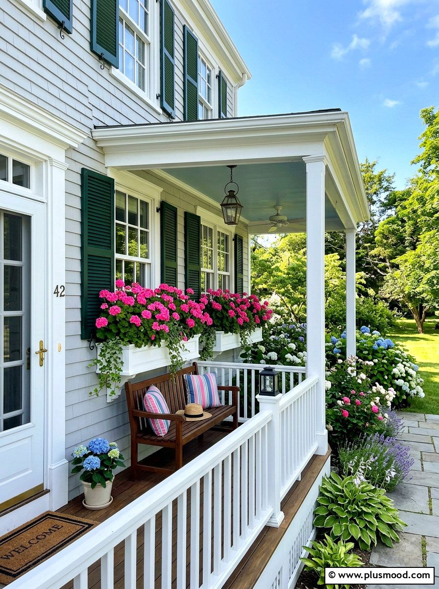 Pink Geranium Window Boxes - 25 summer colorful front porch ideas