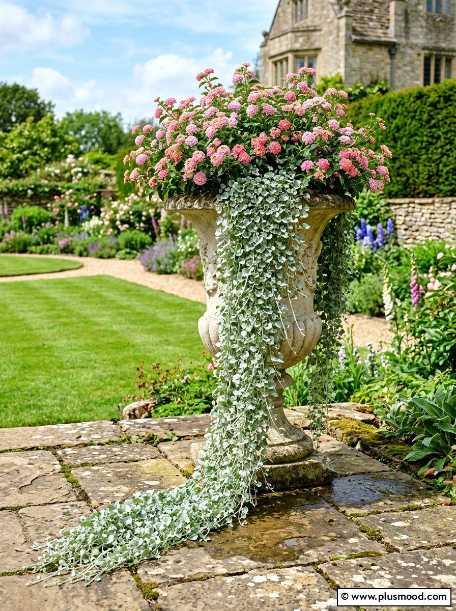 Pink Lantana And Silver Falls Dichondra - 25 summer planters with lantana ideas