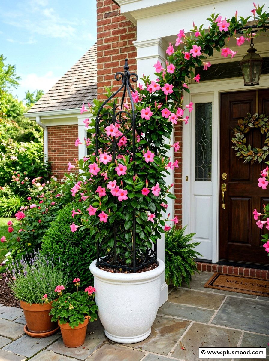 Pink Mandevilla Trellis Planter - 25 summer front door planter ideas