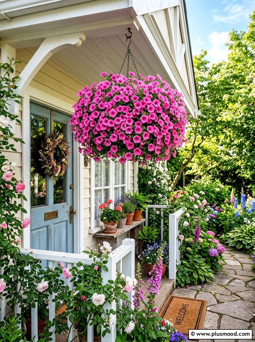 Pink Petunia Hanging Basket - 25 summer planters with petunias ideas
