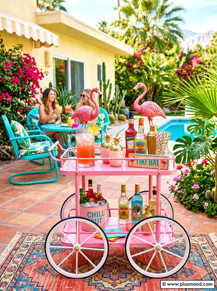 Pink Retro Bar Cart - 25 summer patio bar cart ideas