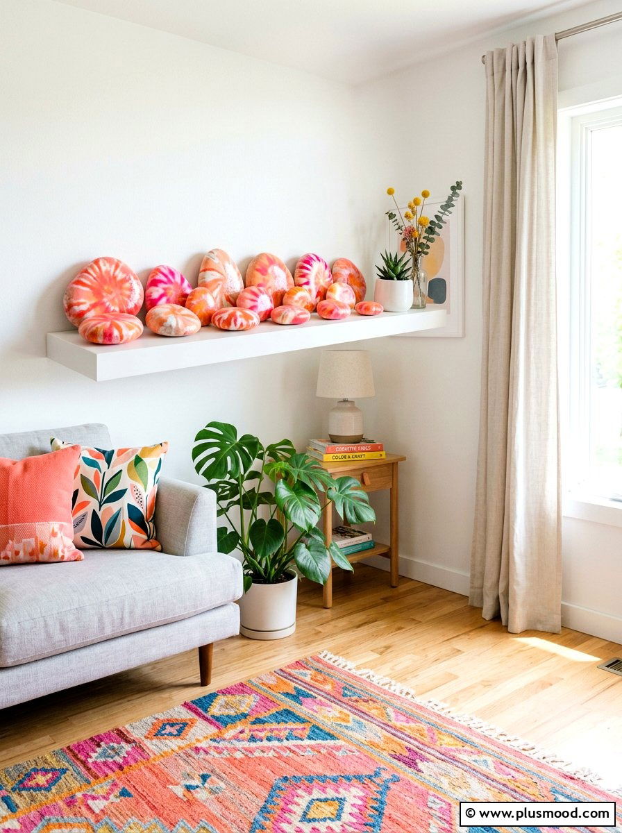 Pink and orange tie dye rock painting - 25 painted rock ideas with tie dye effect