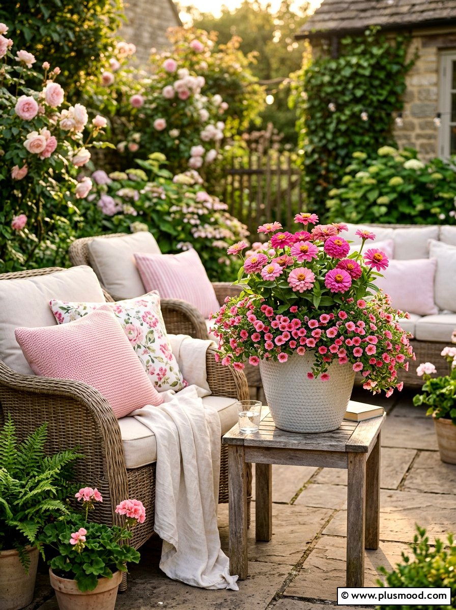 Pink blooming patio container - 25 summer monochrome planter ideas