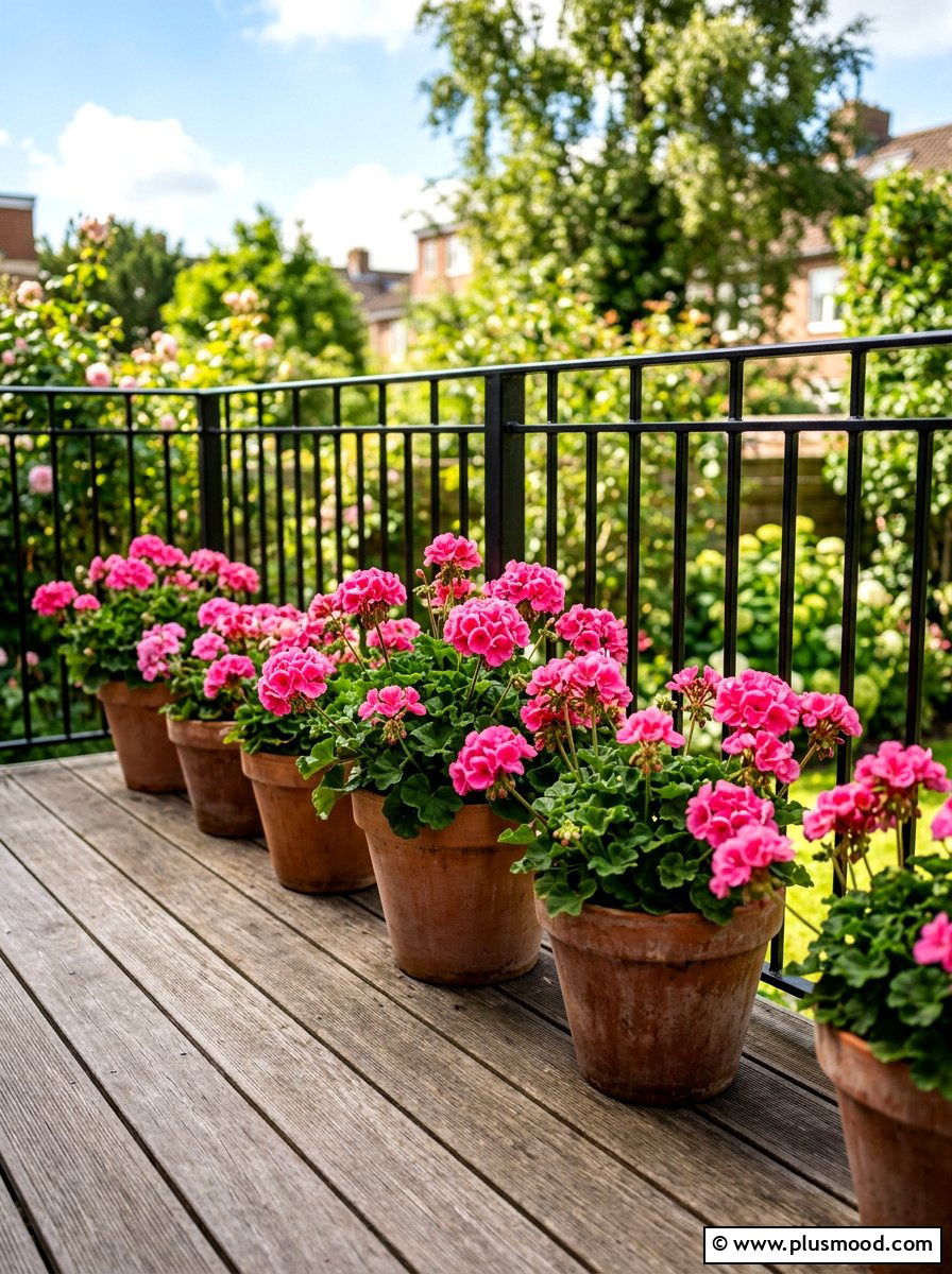 Pink geranium balcony pots - 25 summer balcony flower ideas