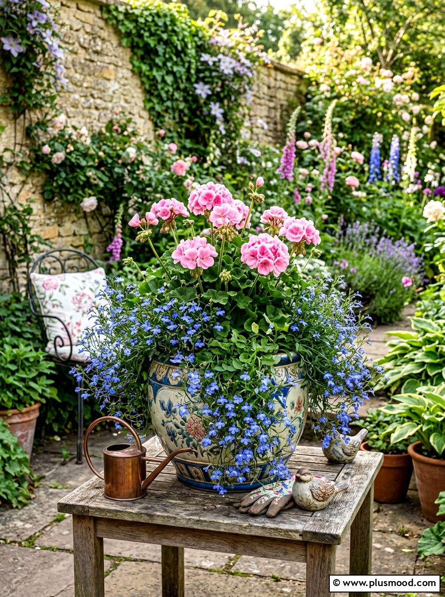 Pink geraniums with trailing lobelia - 25 summer planters with geraniums ideas