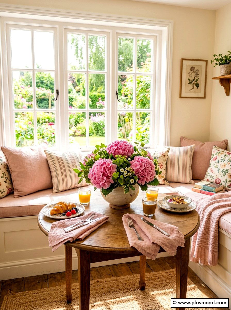 Pink hydrangea breakfast nook table - 25 summer kitchen decor ideas with hydrangeas