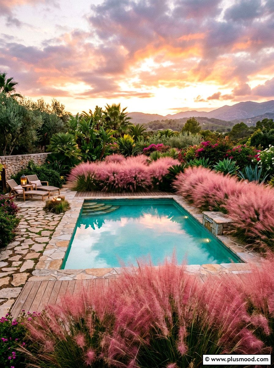 Pink muhly grass backyard pool - 25 pool landscaping ideas with ornamental grasses