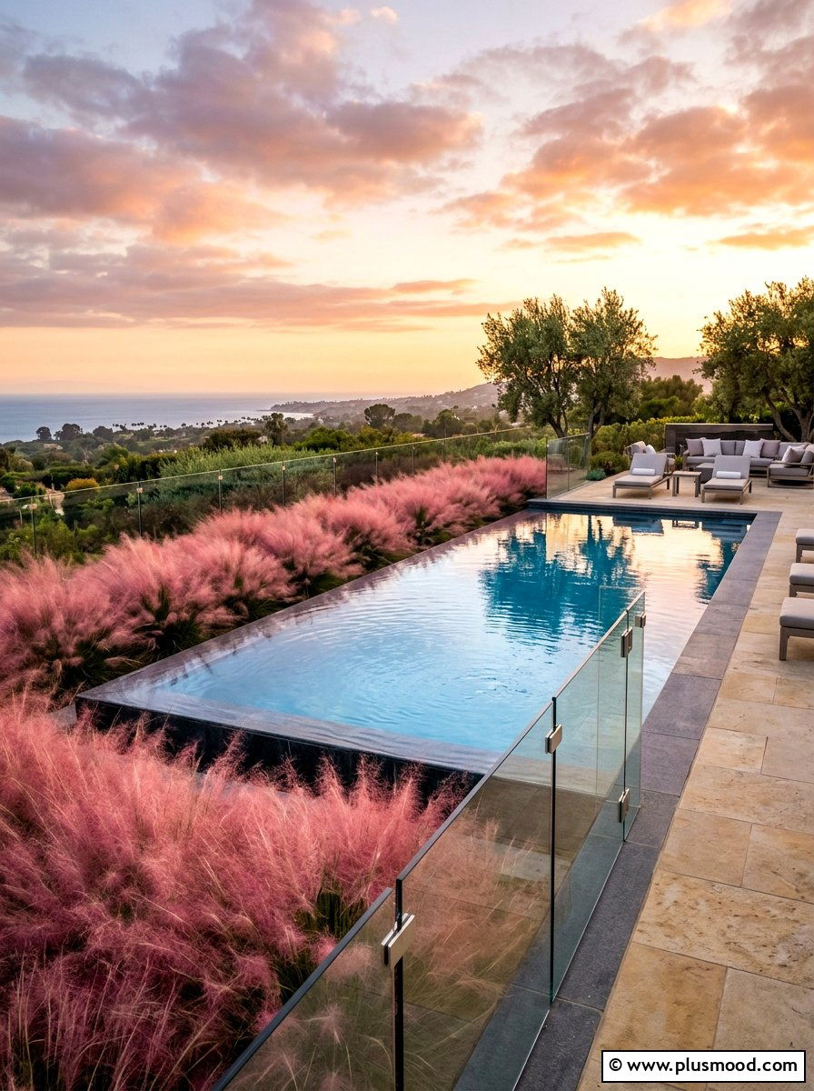 Pink muhly grass pool border - 25 pool landscaping ideas with native plants