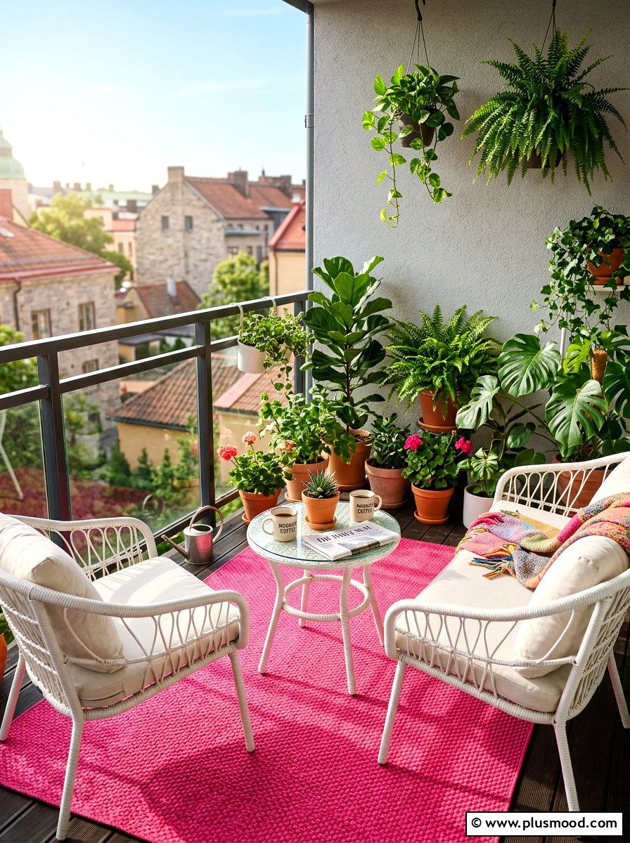 Pink outdoor rug - 25 summer colorful balcony ideas