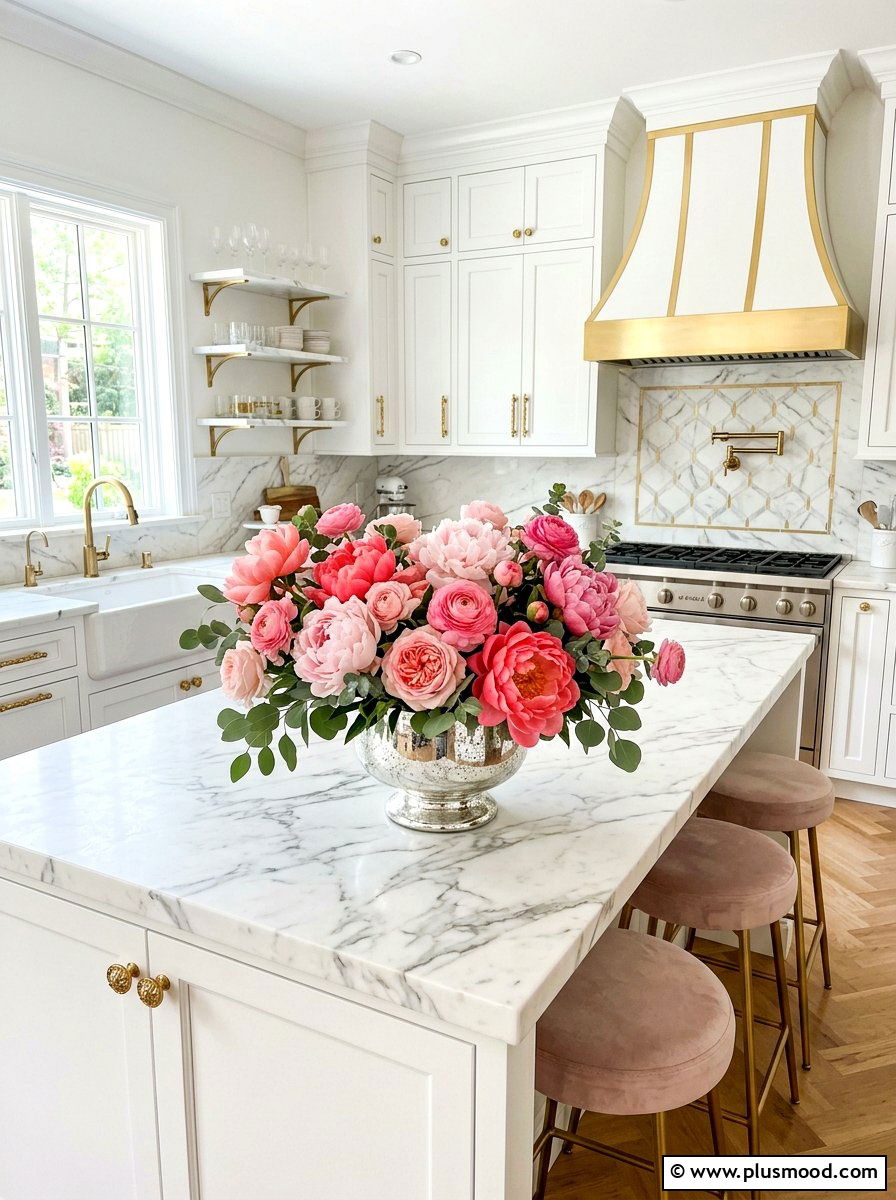 Pink peony floral arrangement - 25 summer kitchen centerpiece ideas