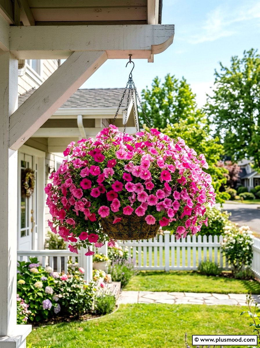 Pink petunia hanging basket - 25 summer monochrome planter ideas