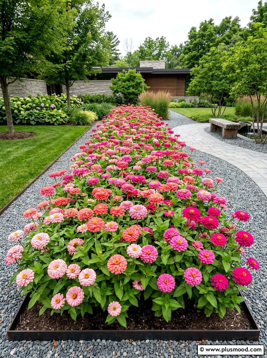 Pink zinnia monochromatic garden - 25 summer zinnia garden ideas