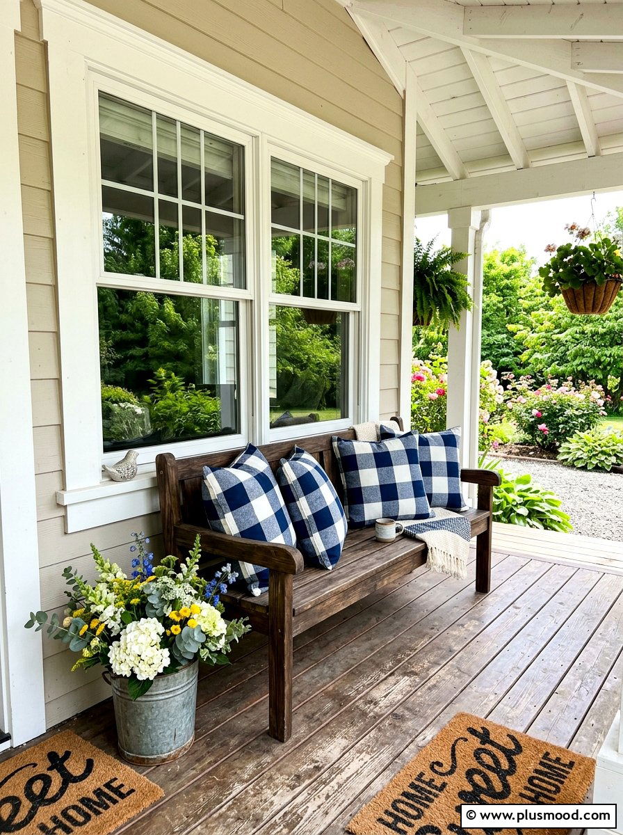 Plaid Porch Pillow - 25 summer rustic front porch ideas